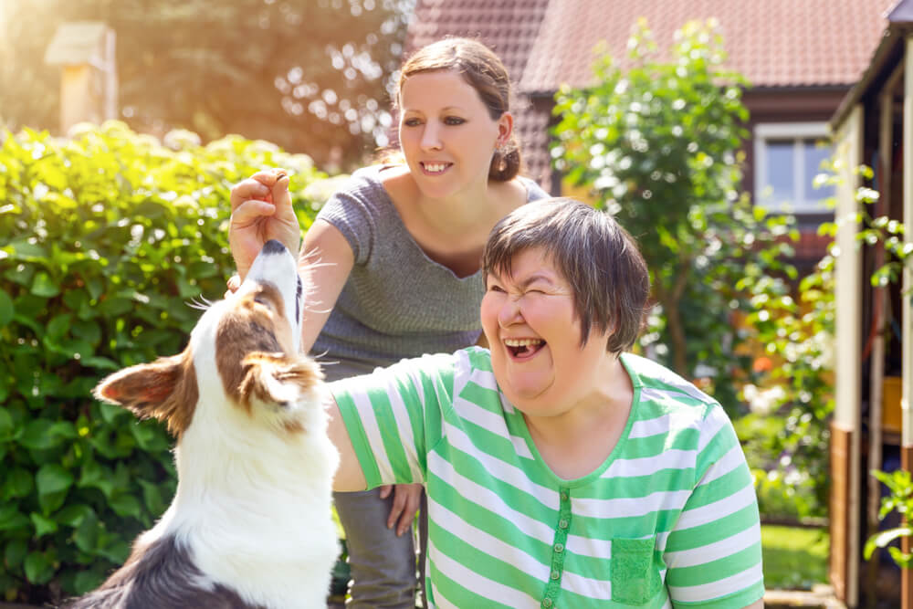 Photo focused on a middle-aged disabled woman outdoors playing with a dog, with a supporter in the background.