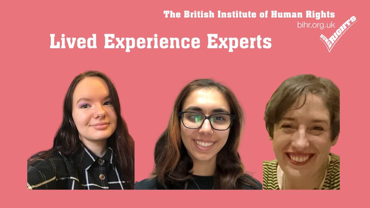 Pink background with text reading Lived Experience Experts and pictures of three women