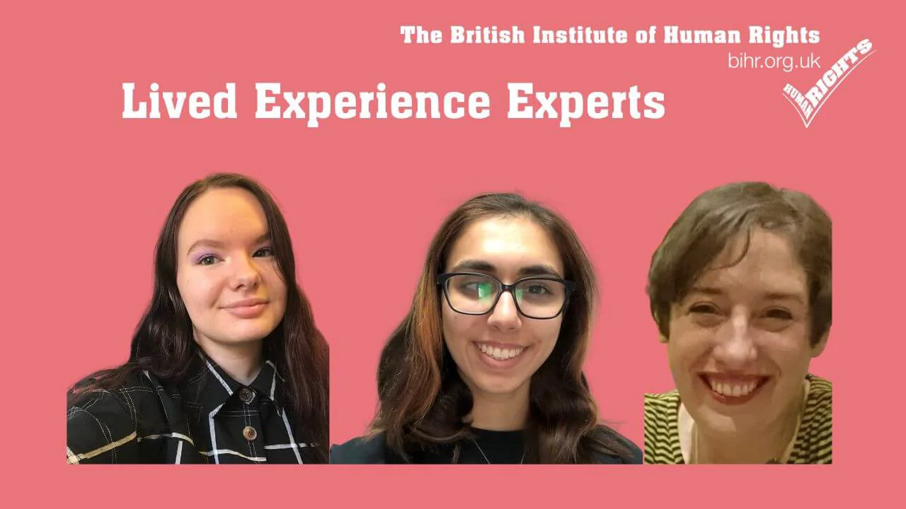 Pink background with text reading Lived Experience Experts and pictures of three women