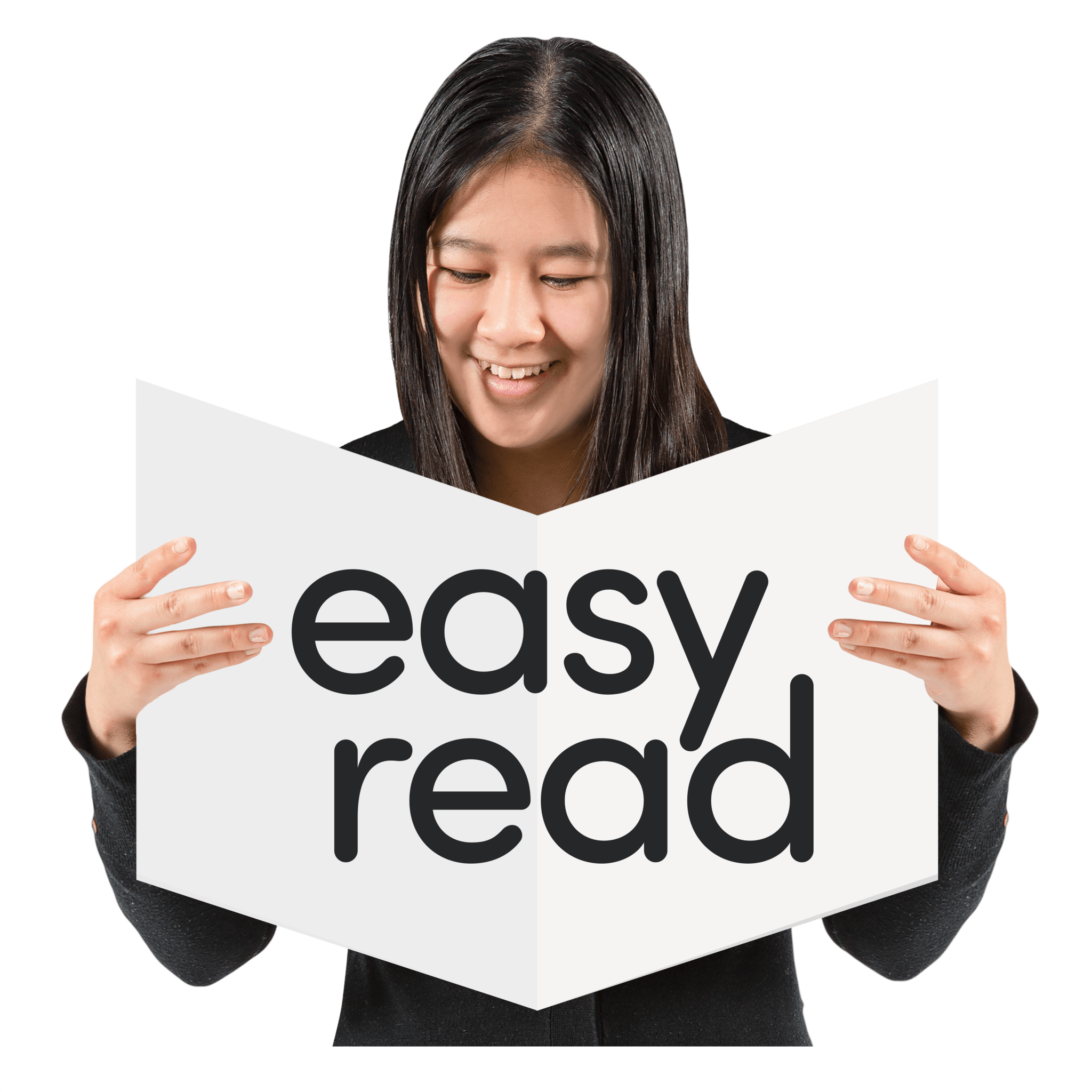 Woman holding a book which says 'Easy Read'