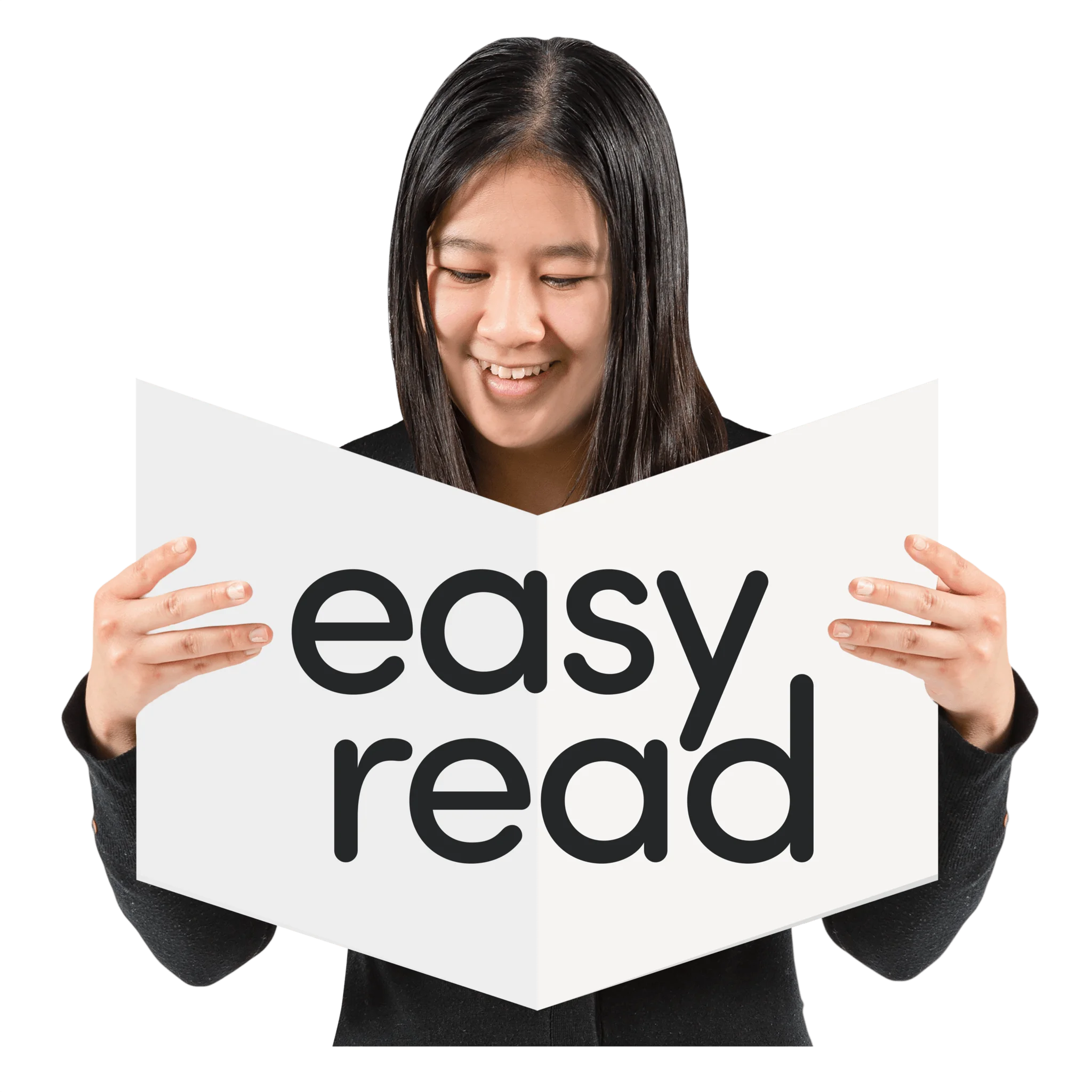 Woman holding a book which says 'Easy Read'